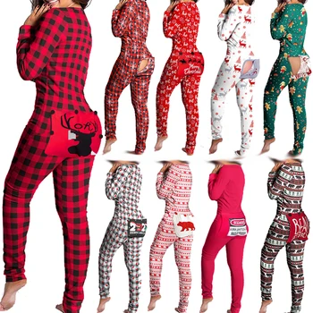 Winter Lounge Wear Womens Snowflake Plaid Functional Buttoned Flap Adults Onesie Christmas Pajamas