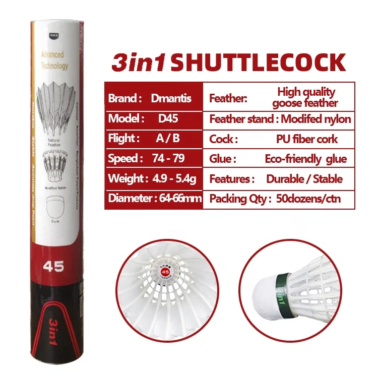 Cheap Factory Direct Sale Price 3in1 Badminton Shuttlecock Class One Goose Feather for Sale D45 Model