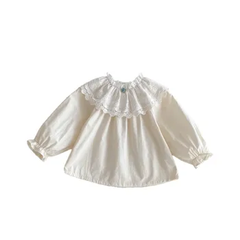 2025 Autumn Double-collared Lace Shirts for Girls and Children Cotton Soft Embroidered Lace Baby Collar T-shirts