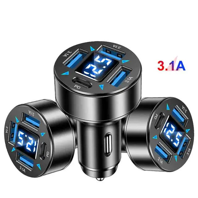 Custom OEM Fast  Car charger Quick 3USB+PD LED Display USB Car Charger LED 3.1A USB Quick Type C Car Charger