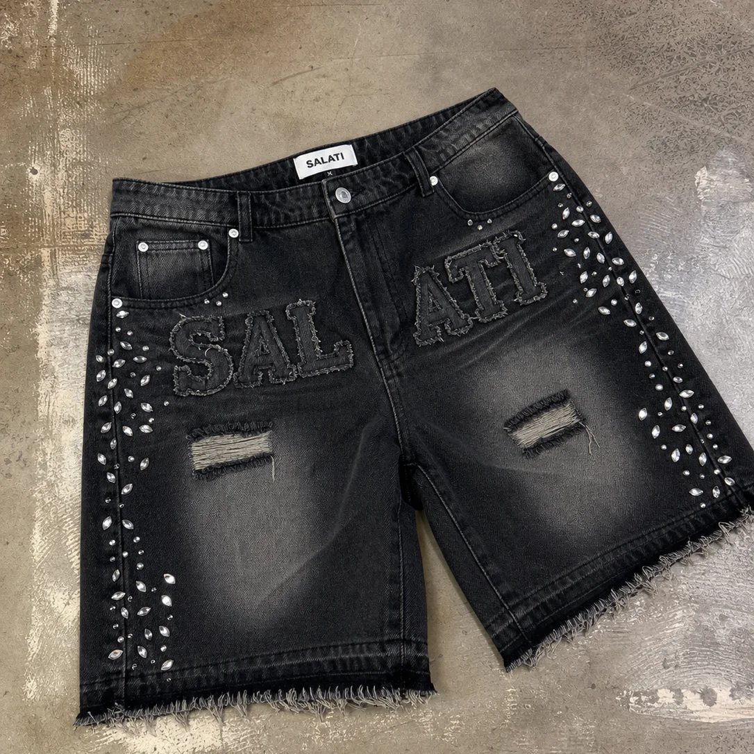 Custom Manufacturer Black Acid Washed Distressed Ripped Raw-Hem High-Waisted Knitted Embroidered Print Canvas Streetwear Men's gallery 3