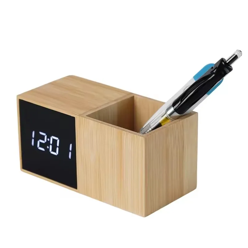 Durable in Use Hot Sale Mirror Surface Time Date Temperature Digital LED Wood Alarm Clock with Pen Holder