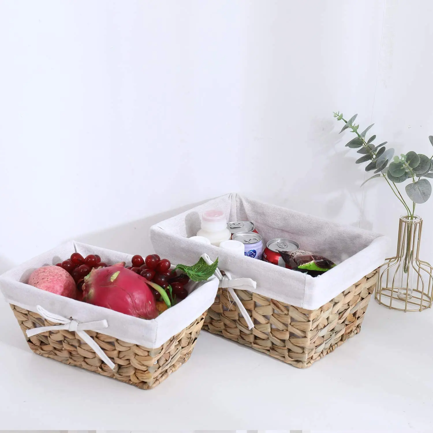 Eco Friendly Rectangular Water Hyacinth Woven Storage Baskets for Organizing Straw Rope Woven Storage Baskets Set of 3