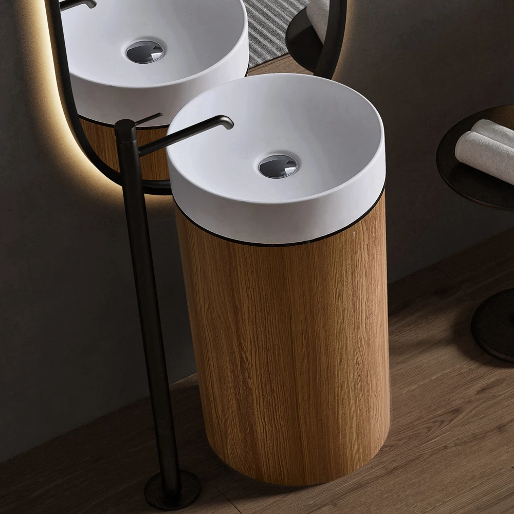 Bathroom Wood Grain Stainless Steel Round Pedestal Sink Artificial Stone European Style Freestanding Pedestal Wash Basin