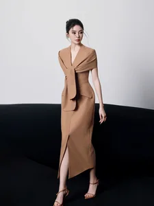 Bettergirl High-quality 2026 New Knitted Elegant V-neck Work Brown Long Dress Simple Casual Women's Dresses