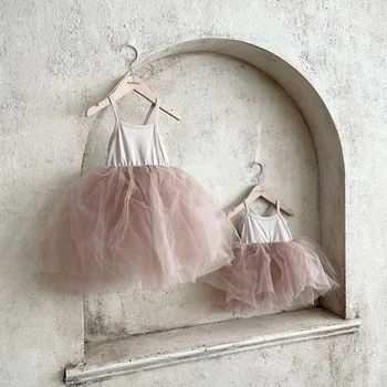 Korean Version Ins Summer Infant Toddler Clothes Puffy Skirt Mesh Strap Dress O-Neck Lace Solid Color Princess Birthday Dress