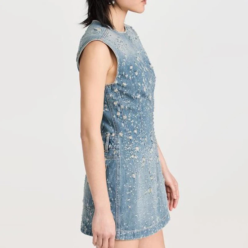 Slimming Mini Dress - Twotwinstyle Denim Frayed Dress