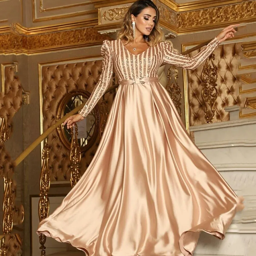 Colour Wedding Dress Ladies Rose Gold Dresses Luxurious Rose Gold High Neck  Muslim Formal Evening Dresses