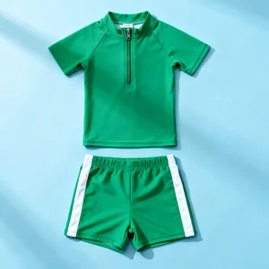 Oeko-Tex Custom Boy 2-Piece Swimsuit Set for Toddler Short Sleeve Zipper Breathable Soft Beachwear Swimming Suits