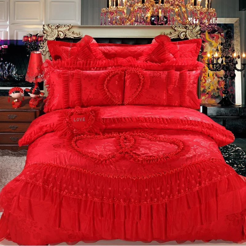 King Queen Size White Red Bedding Set Luxury Wedding Bed Set Jacquard Bed Linen King Queen