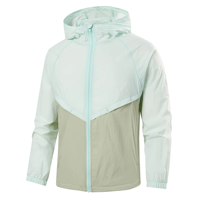 Foldable sun-protective jacket, double ventilation openings, adjustable hem, hood, color blocking, elastic cuffs, double pockets, UPF50, outdoor sun-protective jacket.