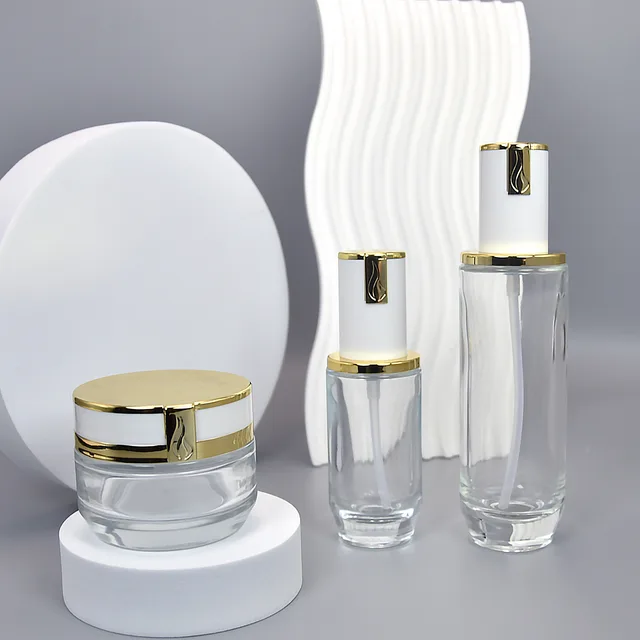 Clear Glass Skincare Bottles Round Cosmetic Containers Moisturizer Water Lotion Glass Bottle Cream Jar Skincare Packaging Set
