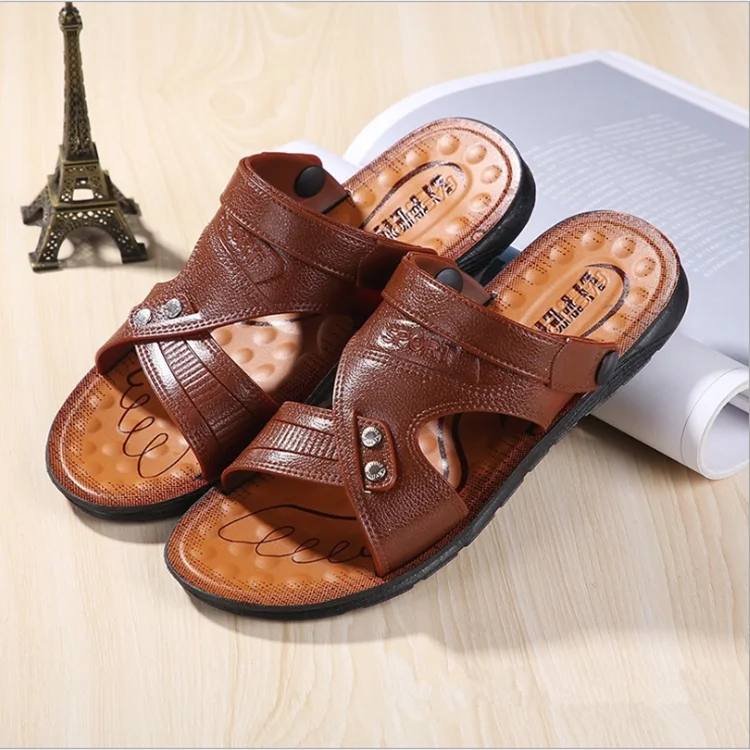 Brand Leather Slippers Outdoor Non-slip Men Fashion Casual Beach Shoes  Sandals Indoor Men Summer Shoes