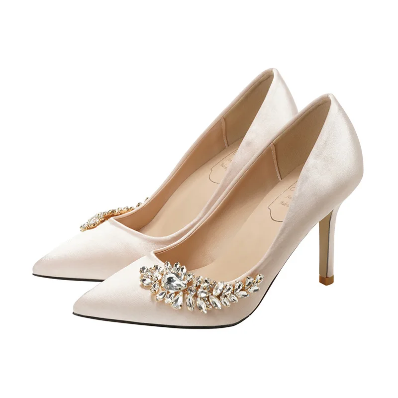 Small And Large Size Pointed Toe Pumps Pyramid Low Heel Rhinestones Wedding Shoes For Bride White - Image 2