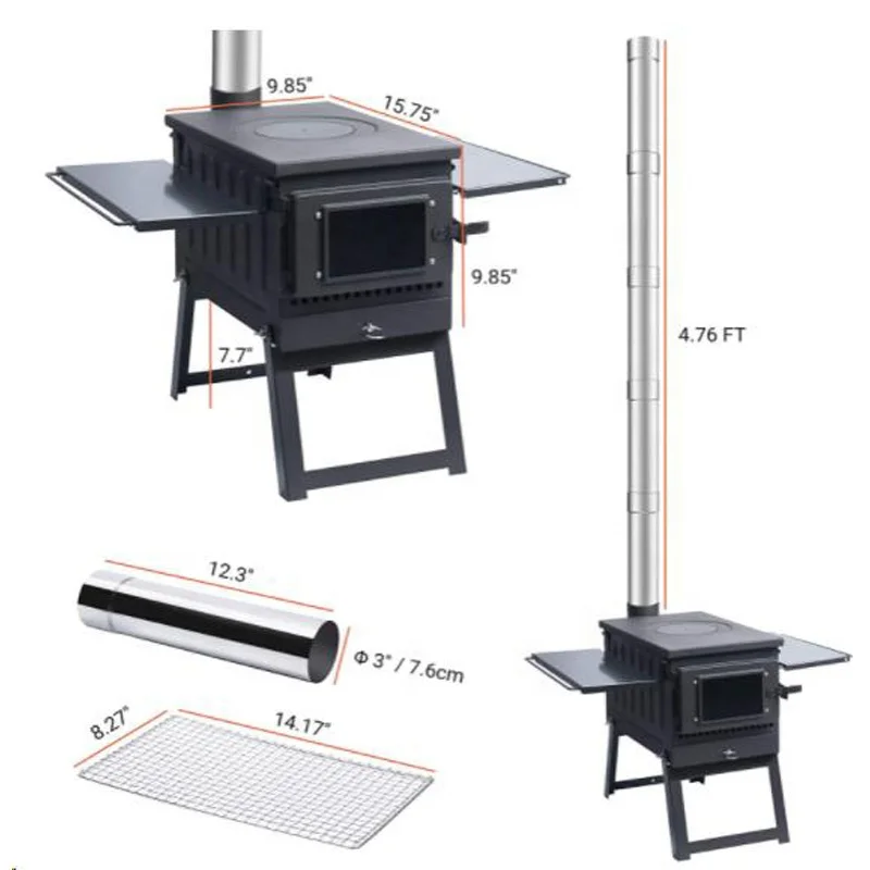 Camping firewood stove with chimney pipe wood burning barbecue tent heating stove