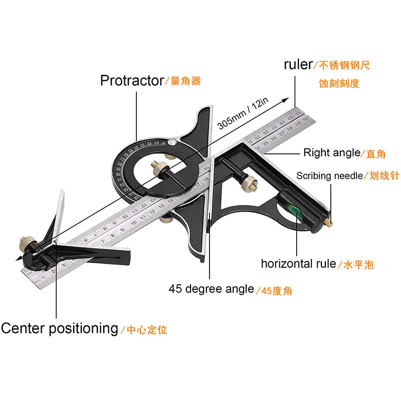 300mm Stainless Steel Multifunctional Angle Ruler Precision Woodworking ...
