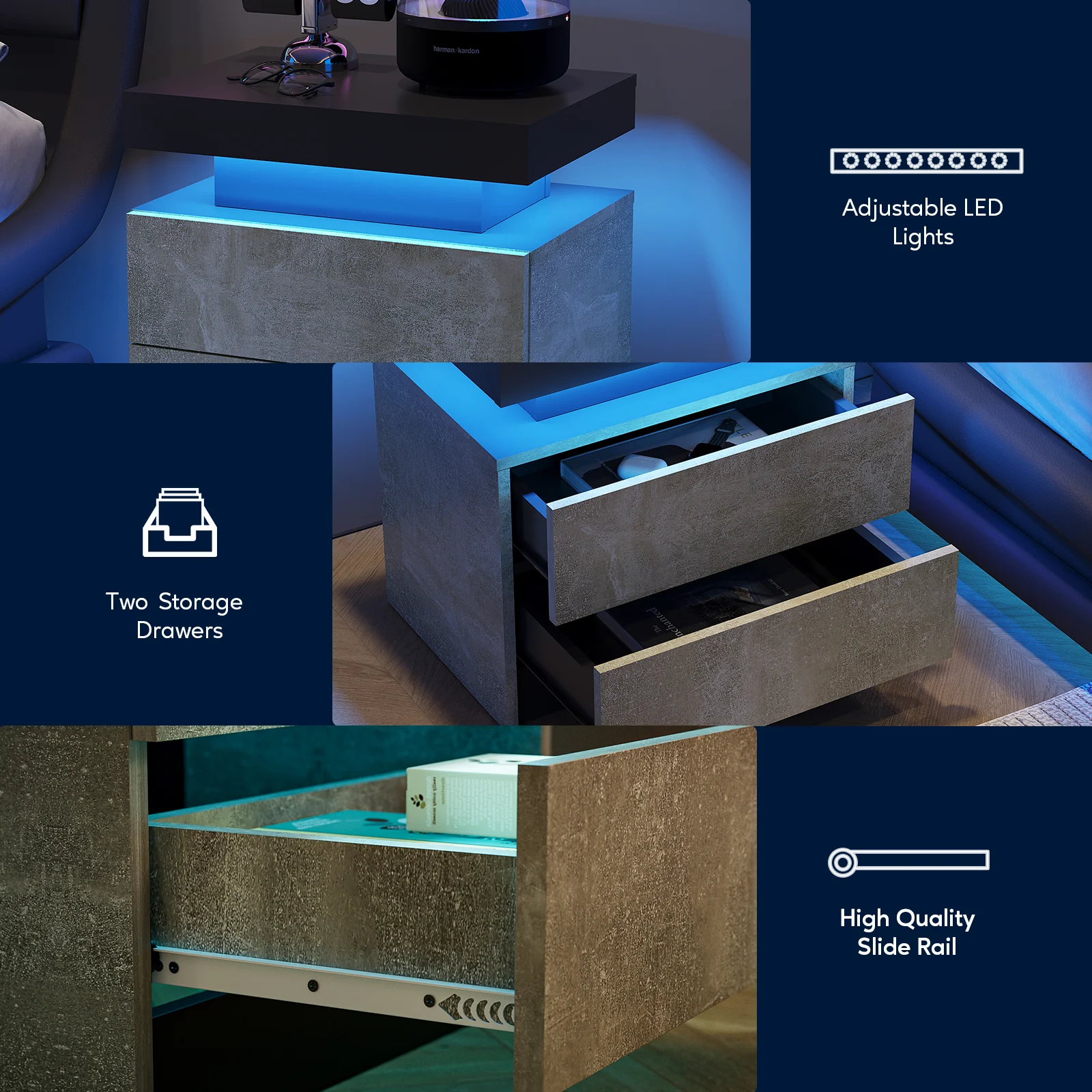 Comodino a LED con luci, comodino moderno con 2 cassetti per camera da letto (grigio)_voghion.com