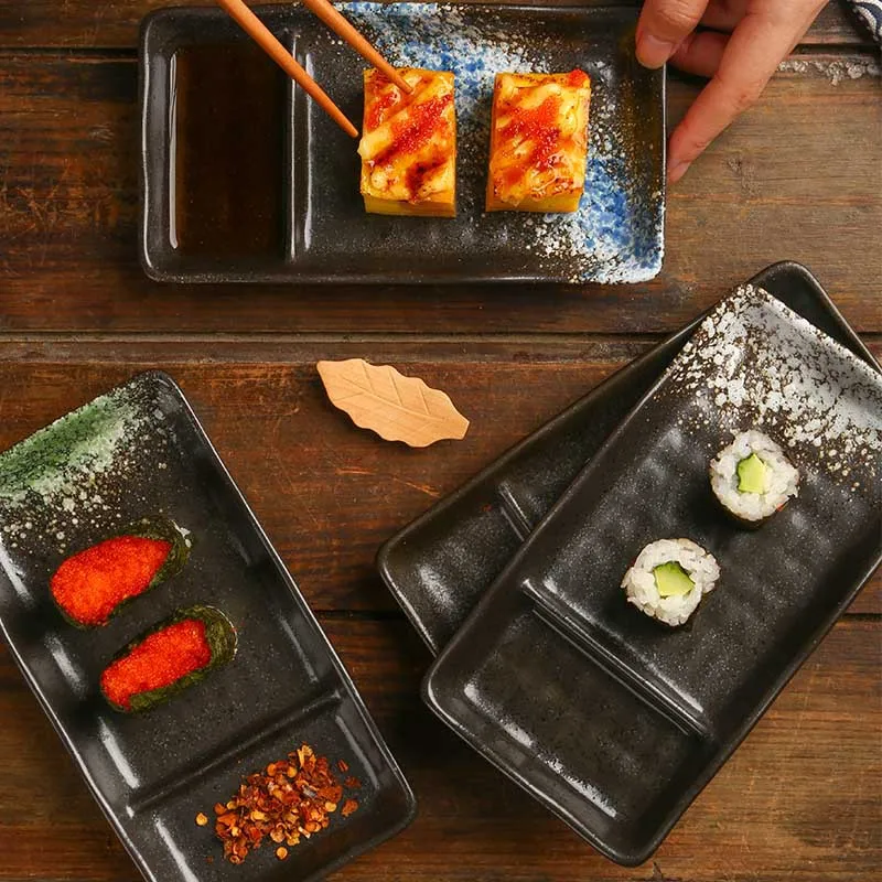Rectangular Japanese Sushi Plates Black Matte Creamic 2 Compartment Plate Eco-Friendly Ceramic Divided Dumplings Dish