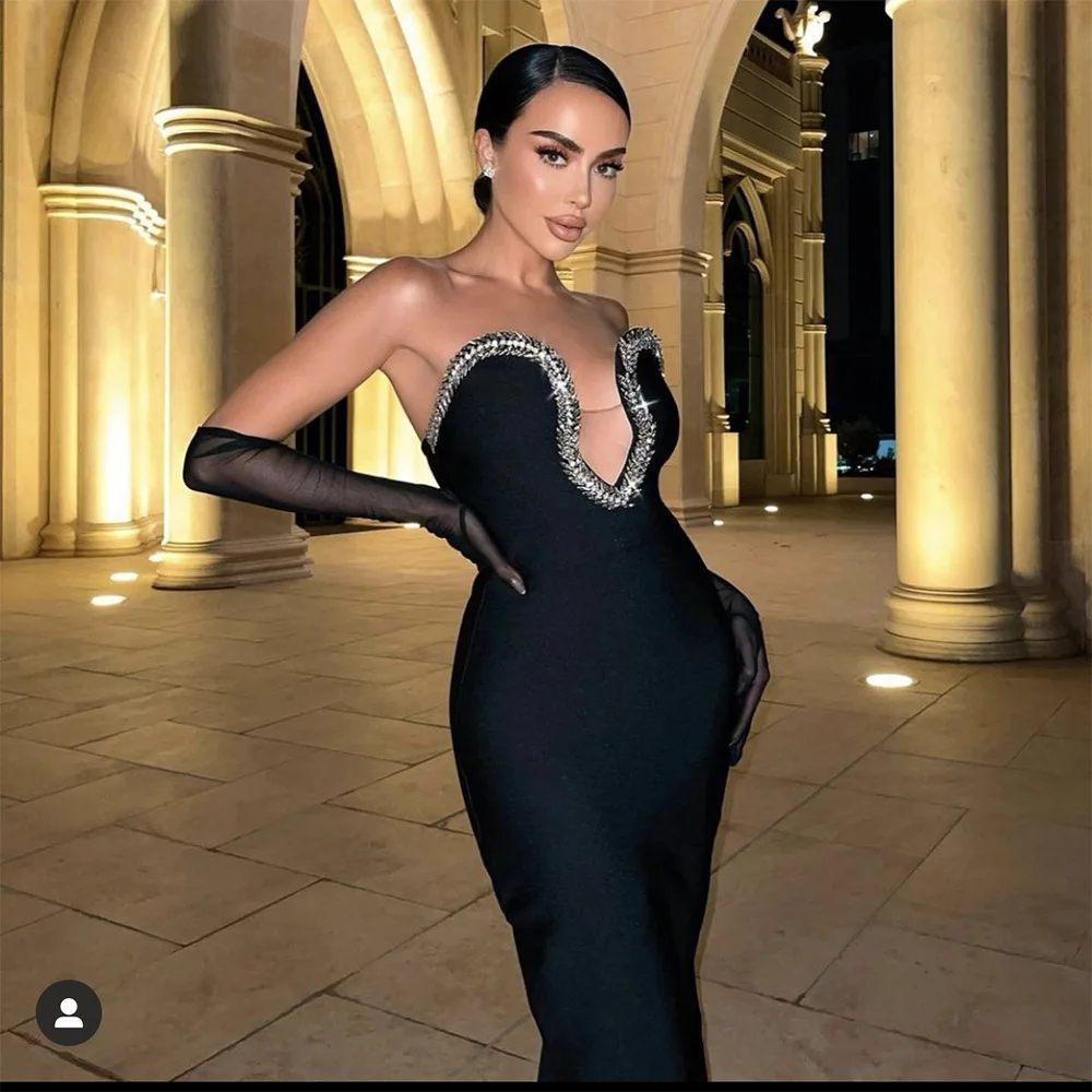 Vestido Elegant Black Strapless Crystal Birthday Wedding Party Long Gown  Women Bridal Prom Dress Plus Size Maxi Evening Dresses