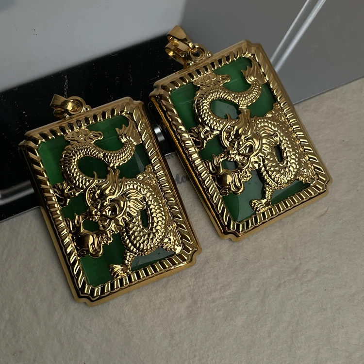 Fashion Jewelry Women Non Tarnish Waterproof Unisex Men Large Big Size  Rectangle Shape 24k Gold Plated Green Jade Dragon Pendant