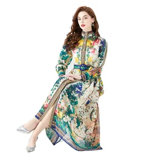 Factory Spring Summer Holiday Gorgeous Flower Chiffon Dresses Women's Stand Long Lantern Sleeve Belt Floral Print Loose Robe