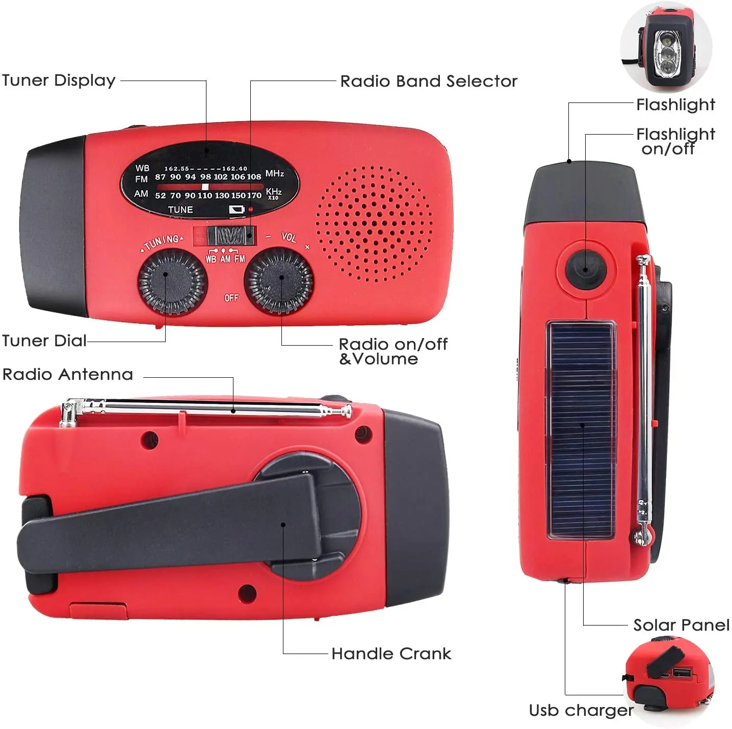 Cj2000mah Portable Rechargeable Emergency Solar Hand Crank Radio Wb
