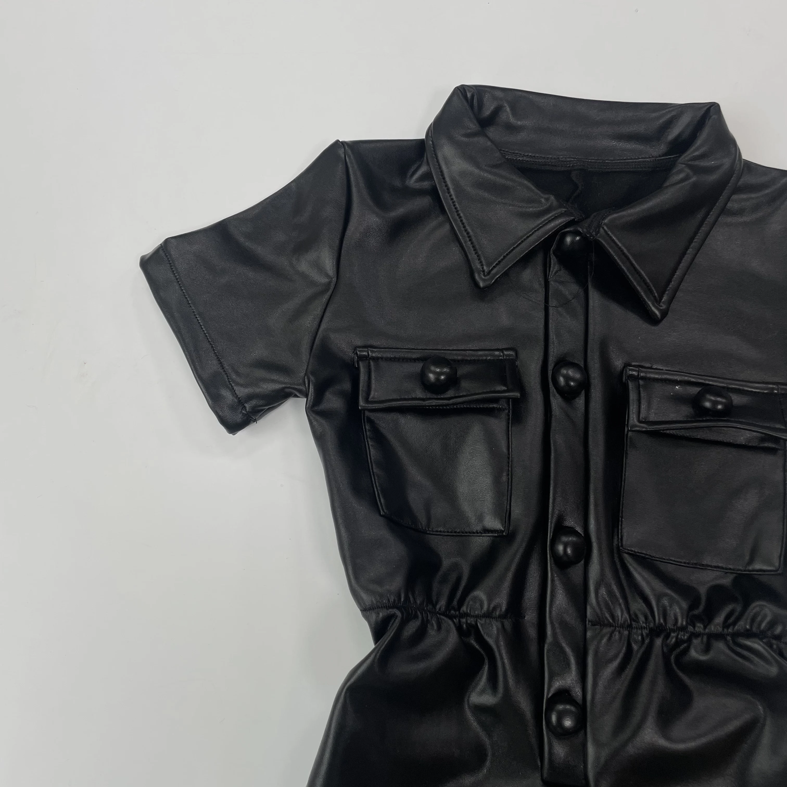 Ruidian Summer Wholesale New Toddler PU Leather Black Onesie Girl Faux  Leather Lapel Short Sleeve Romper Cargo Pants