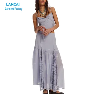 Custom Women's High-Rise Skirt Set with V-Neckline Cropped Top Adjustable Shoulder Straps Flowy Sheer Lace Piecing Tiered Style