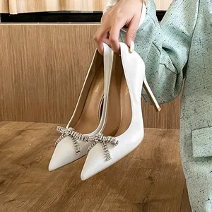2026 Spring Korean Style High Heels Stiletto Pointed Detachable Bow Rhinestone 6-8cm Heel Elegant Work Shoes