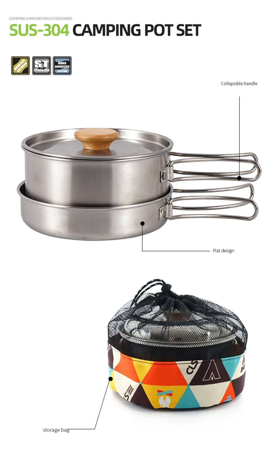 2pcs Outdoor Cooking Pots Set Stainless Steel Folding Handle Camping