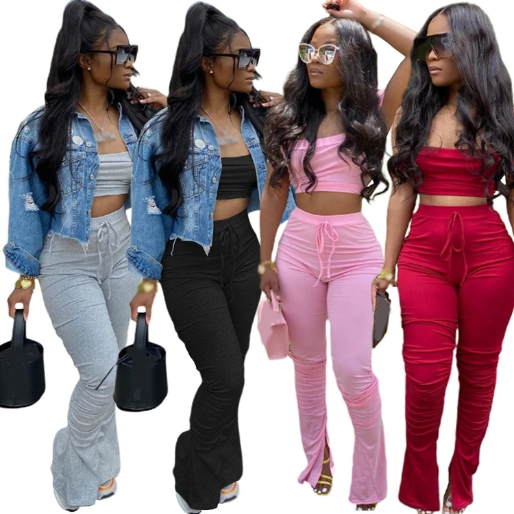 2021 New arrivals cotton polyester women clothing crop tops two piece set stacked pleated pants 2 piece sets women