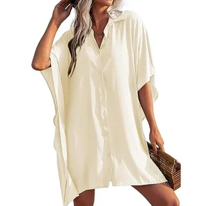 Women Swimsuit Cover up 3/4 Sleeve Design Oem Customizable Beachwear Bikini Coverups Button Down Oversized Cover up Shirt S-3X