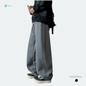 Men's Vintage Black Straight-Leg Plain Dyed Eco-Friendly Breathable Casual Loose Fashionable Solid Color Fleece Sweatpants