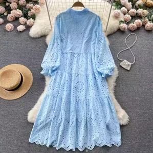 Custom High-End A-Line White Lace Minimalist Style Casual Square Neckline Button Decoration Hollow Patchwork Solid Midi Natural