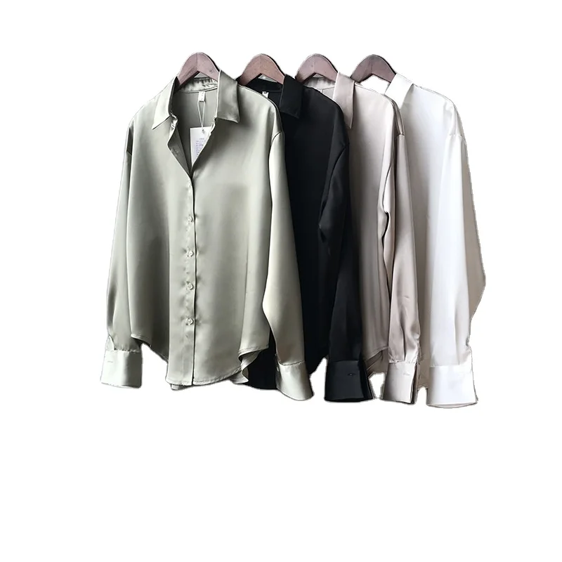 Autumn Fashion Button Up Satin Silk Shirt Vintage Blouse Women White Lady Long
