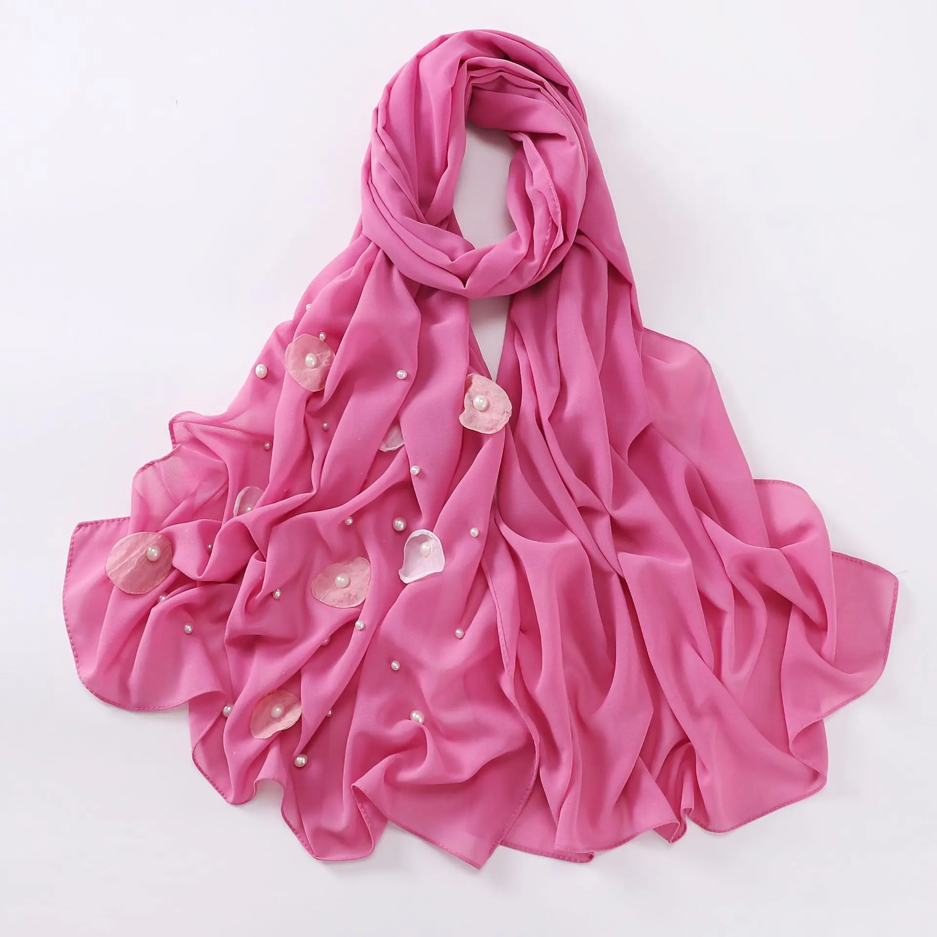 Spring and Summer New Cross Border Chiffon Scarf for Women Hijab Flower  Lotus Leaf Pearl Scarf Middle Eastern Malay Headband