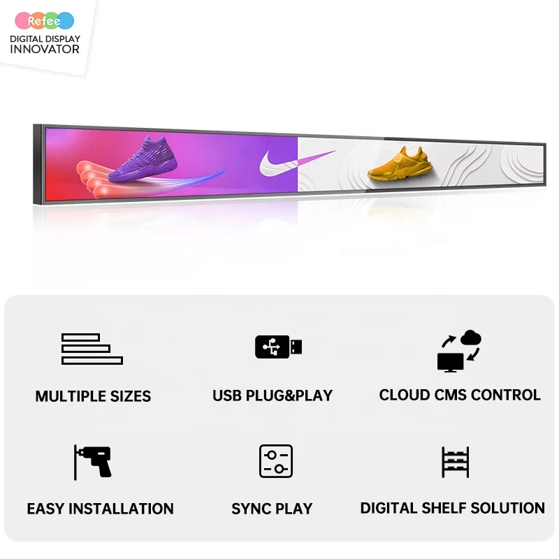 Digital Signage Advertising Player Shelf Edge Supermarket Ultra Wide Shelf Lcd Refee Stretched Bar Video Display