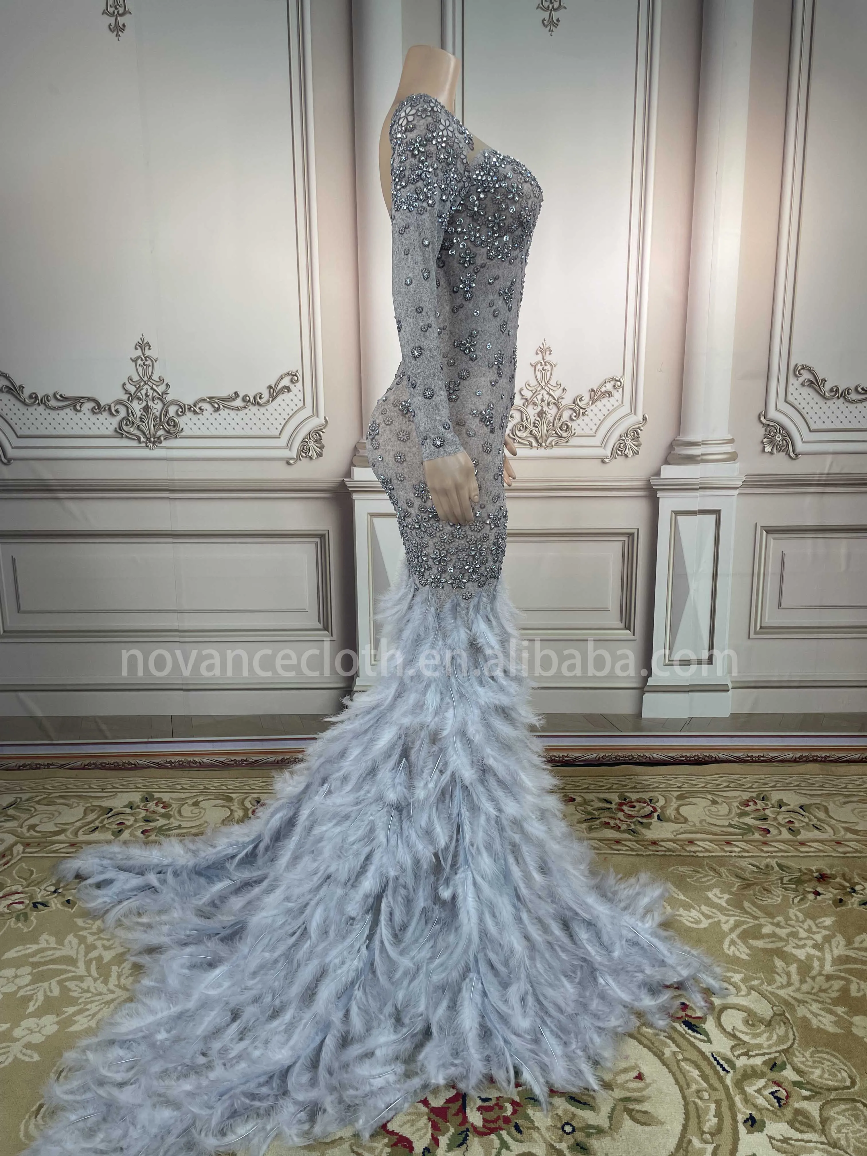 Novance Y2519 2022 New Arrivals Elegant Feather Fishtail Sparkling Luxury Rhinestone Dress Wedding Gowns for Party Novance Y2519 2022 New Arrivals Elegant Feather Fishtail Sparkling Luxury Rhinestone Dress Wedding Gowns for Party