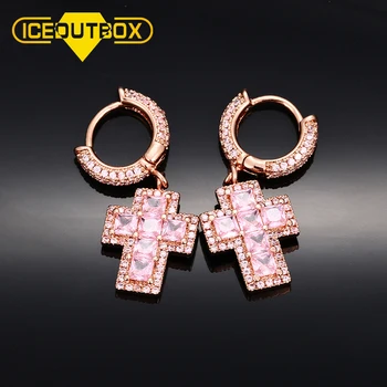 Mens Hip Hop Fully Iced Out Square Zircon Huggie Jewelry Cross Earring High Quality Hoop Earrings Women's 1pcs