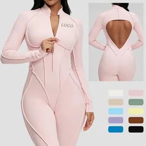 High Quality New Activewear Sports Outfit 1pc Half Zipper Women Yoga Jumpsuit Blank Stand Neck Backless Cross Ladies Cloth