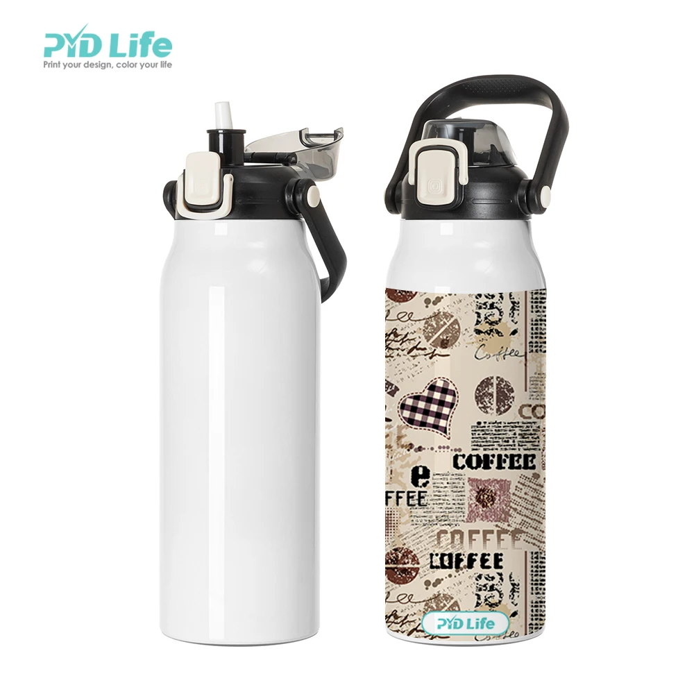 PYD Life Bottiglia di acqua a sublimazione bianca 481,9 g bottiglia sportiva in acciaio inossidabile con coperchio in bambù per bicchiere stampa a sublimazione stampa confezione da 4