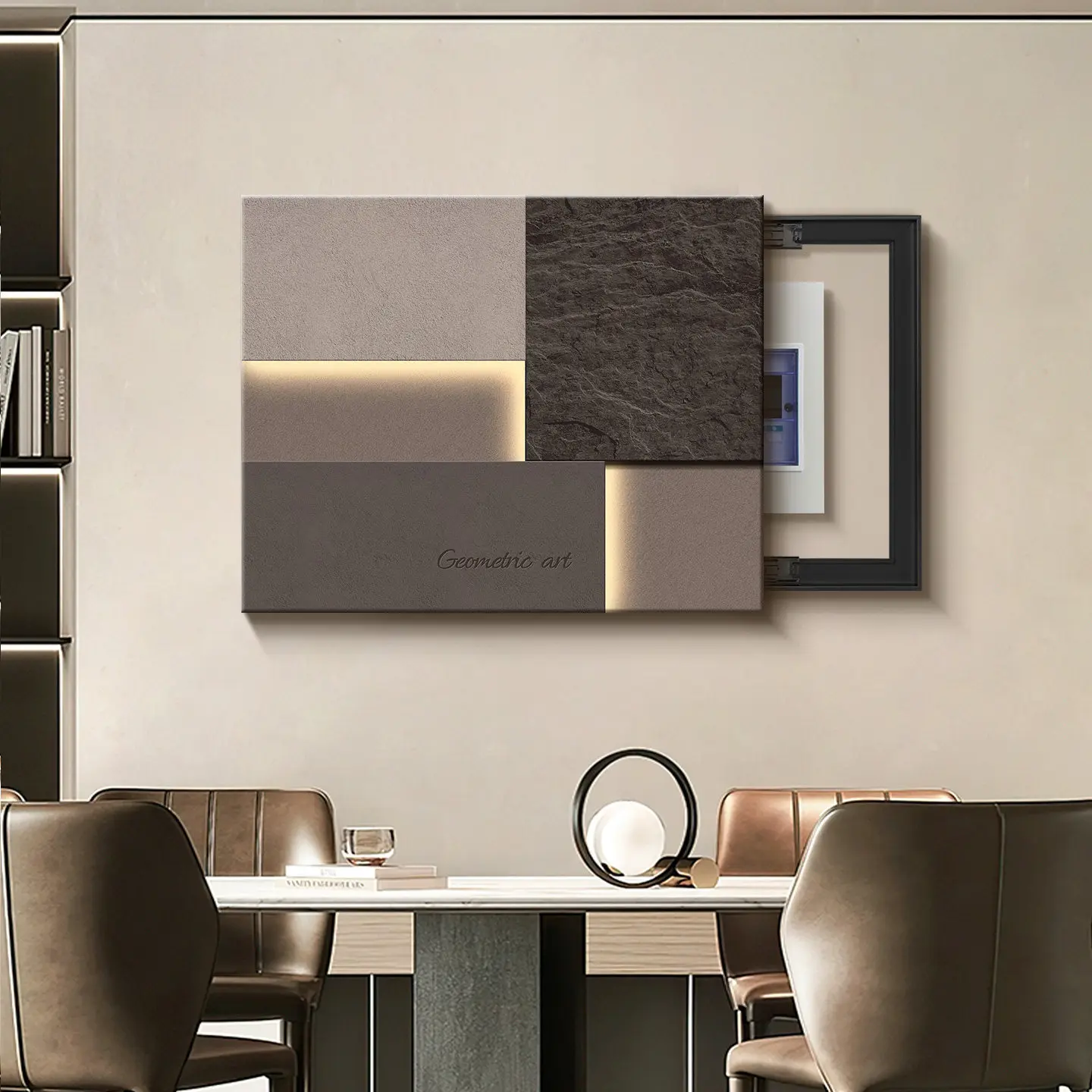 Neutral Geometric Electrical Box Cover Wall Art Canvas Print Textured Panels With LED Lights Minimalist Modern Home Living Room