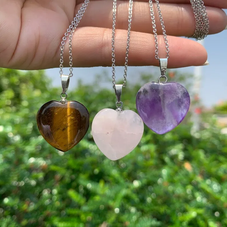 Statement Simple Fashion Stainless Steel Chains Natural Jade Stone  Birthstone Crystal Heart Necklace for Women Men