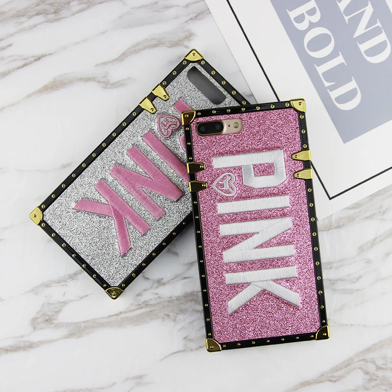 Luxury Square Glitter Retro pink Lv Phone Case For iPhone XS Fashion mirror  Silicone Cover