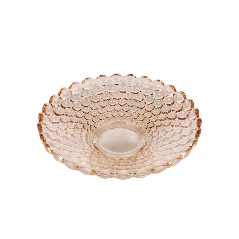 India Classic Fish Scale Round Shape Electroplated Colored Glass Fruit Plate Table Dish Storage Glass Pink Dish for Decoration