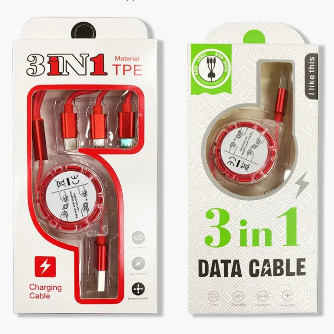 Custom Logo Universal Retractable 3 in 1 Multi Multiple 3in1 Usb Charging Charger Cable with Transparent Box