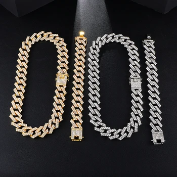 Zinc Alloy Iced Out Diamond 19mm 2 Row Prong Cuban Chain Bracelet Necklace Set Icy Hip Hop Jewelry Set for Men Women Rapper