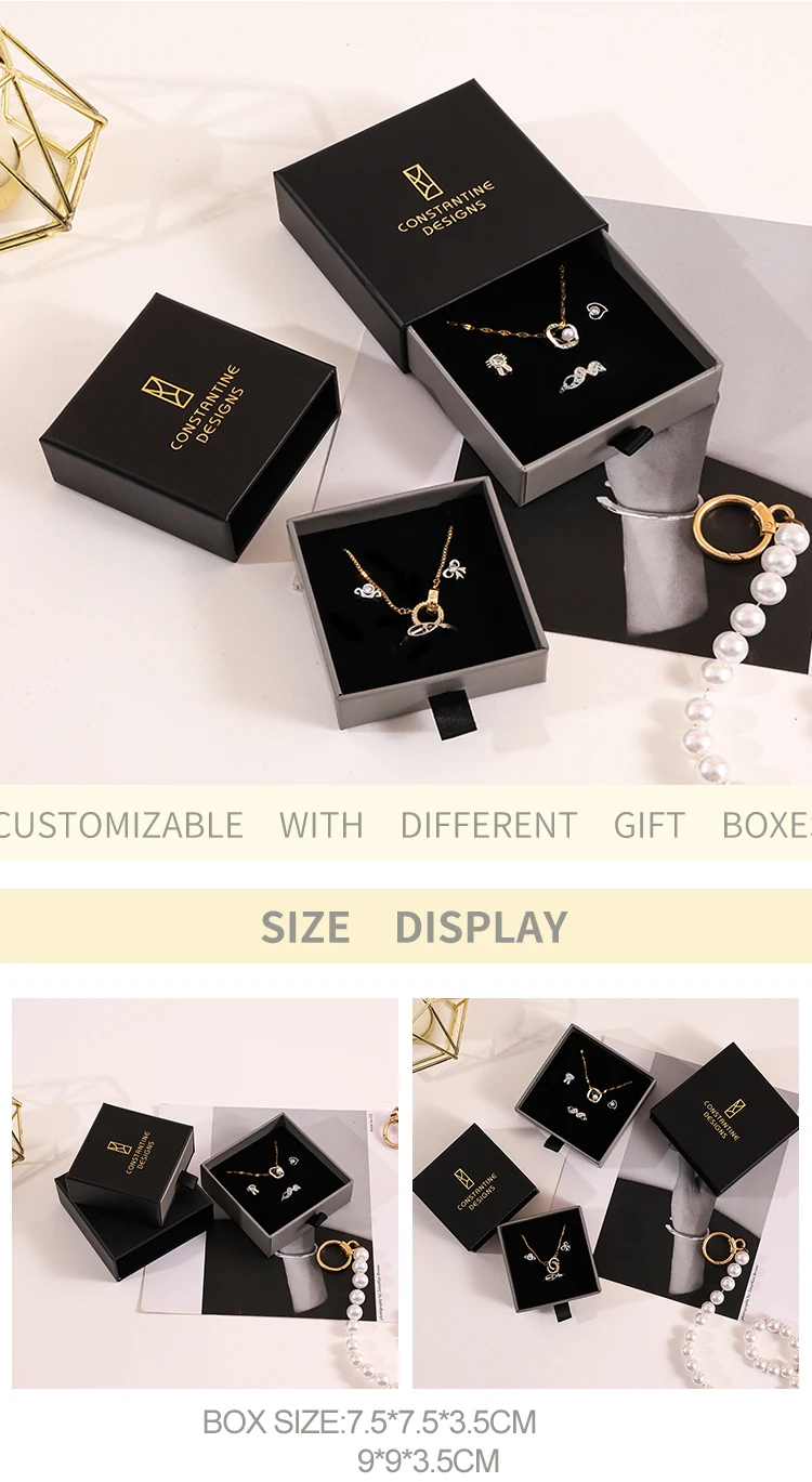 2024 A1 Simple Black Elegant Custom Logo Printed Paper Drawer Jewelry Box Unique Packaging Pendant Stud Ring Earring Gift Box factory