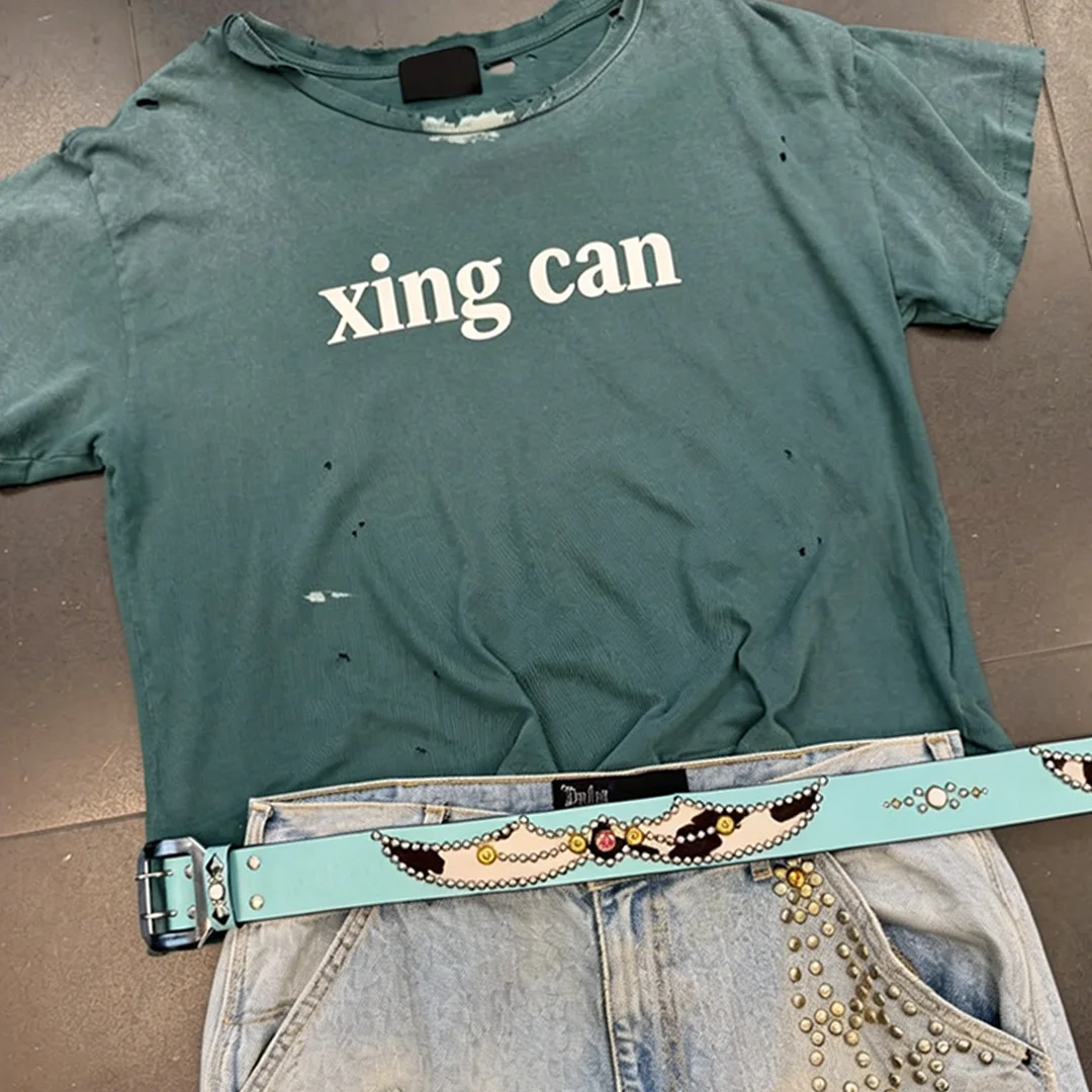 Niestandardowa koszulka T-shirt z kryształkami, zestaw męski w stylu vintage z efektem odbarwienia, ciężka, 100% bawełniana, z nadrukiem DTG, retro, o sylwetce boxy, niestandardowy strój