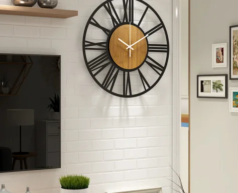 Decorative Rustic Round Metal Roman Numeral Farmhouse Wall Clock With Wood Face for Living Room Decor